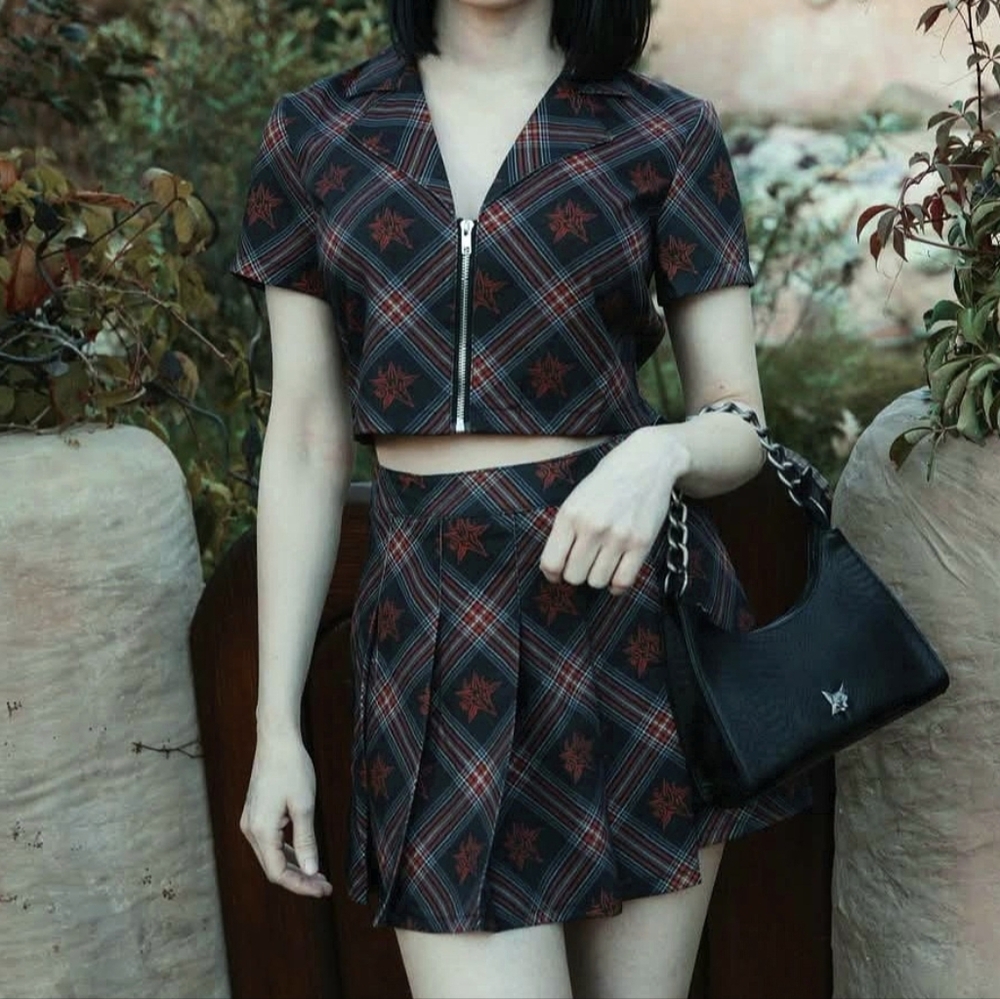 Blackcraft Cult BCC goat red blk plaid crop top pleated mini skirt set 3X NWOT